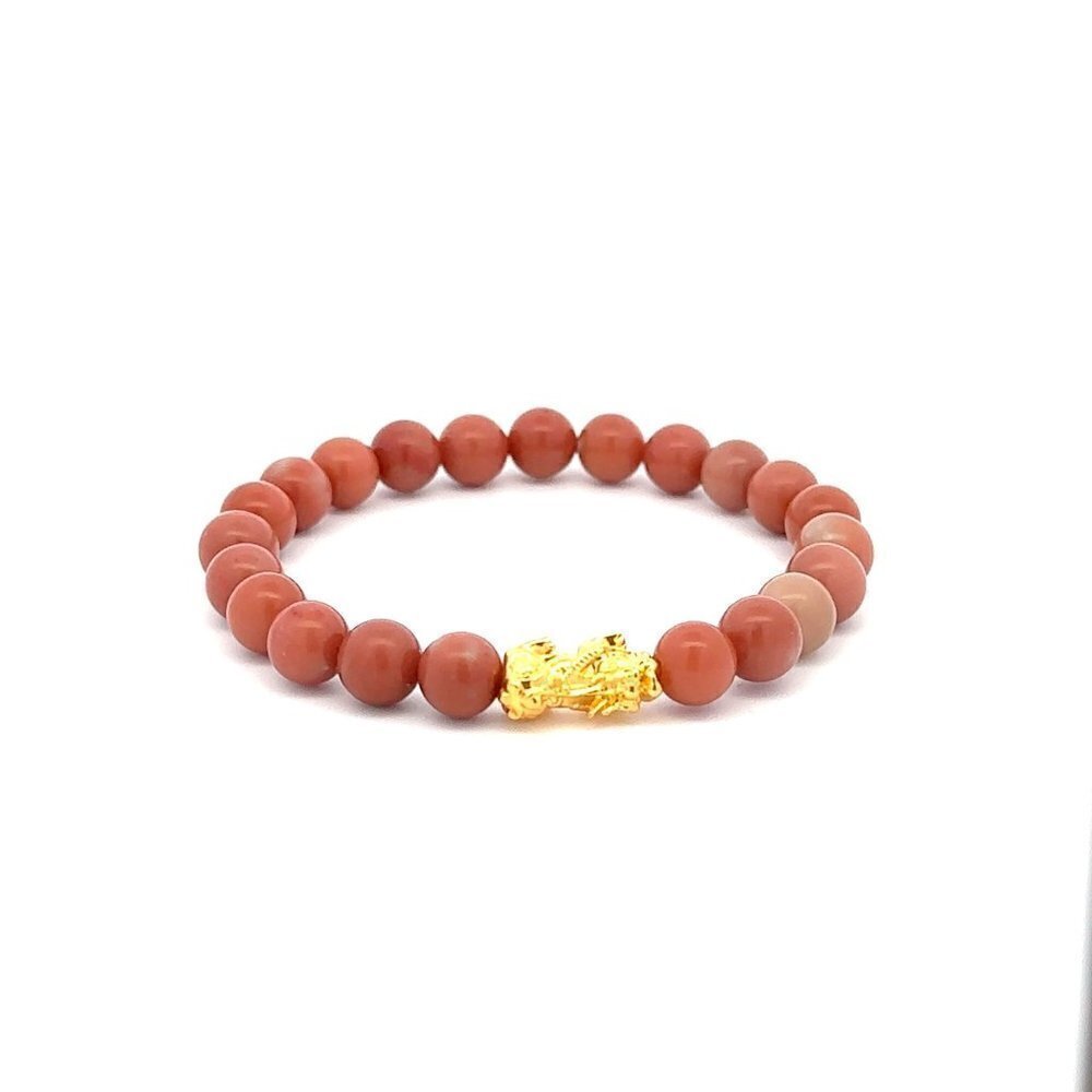 18K Gold Piyao Pixiu Dragon Lucky Charm Bracelet Gemstones Jade Indian Red 6mm